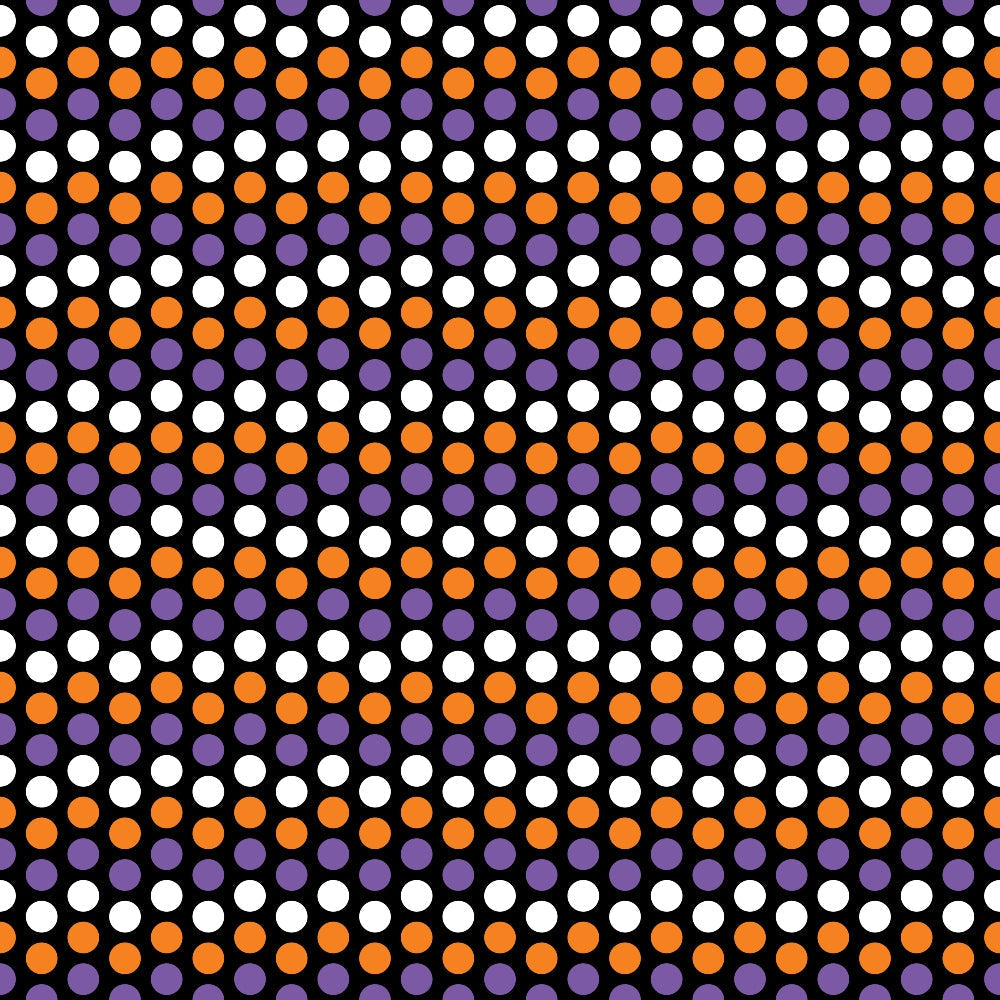orange circles, purple circles, white circles, polka dots, geometric pattern, repeating dots, halloween colors, black background, circular motifs,, fabric panel, seasonal fabric, halloween basics, dot pattern, orange purple white, geometric design, halloween themed, cotton fabric, crafting material, autumn colors
