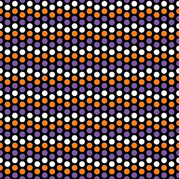 orange circles, purple circles, white circles, polka dots, geometric pattern, repeating dots, halloween colors, black background, circular motifs,, fabric panel, seasonal fabric, halloween basics, dot pattern, orange purple white, geometric design, halloween themed, cotton fabric, crafting material, autumn colors