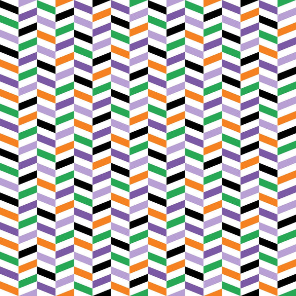 geometric chevron, herringbone pattern, orange, purple, green, black, white, zigzag stripes, halloween colors,, fabric panel, angular design, repeating pattern, diagonal stripes, geometric motifs, cotton fabric, halloween themed, seasonal fabric, chevron weave, striped pattern