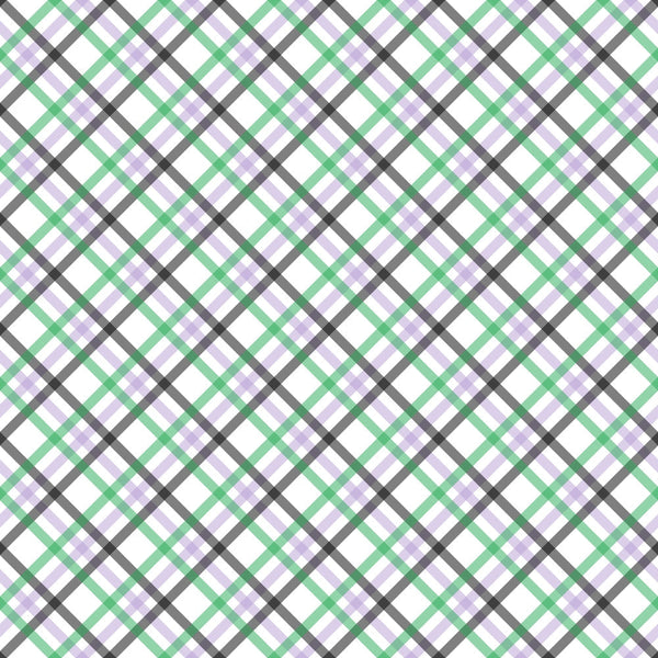plaid pattern, diagonal stripes, green lines, purple lines, gray lines, white background, crosshatch design, geometric pattern,, fabric panel, checkered motif, intersecting lines, halloween basics, seasonal fabric, craft material, sewing fabric, cotton textile, repeating pattern, angular design
