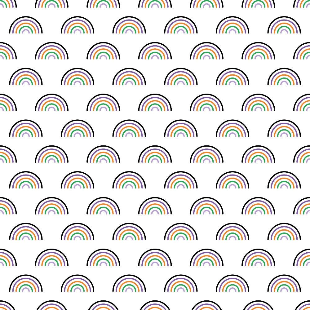 rainbow pattern, multicolored arcs, repetitive design, geometric shapes, curved lines,, fabric panel, colorful stripes, arc motifs, semi-circles, bright colors, cheerful pattern, repeating rainbows, striped arcs, vibrant hues, whimsical design, cotton fabric, quilting material, patchwork suitable, craft fabric