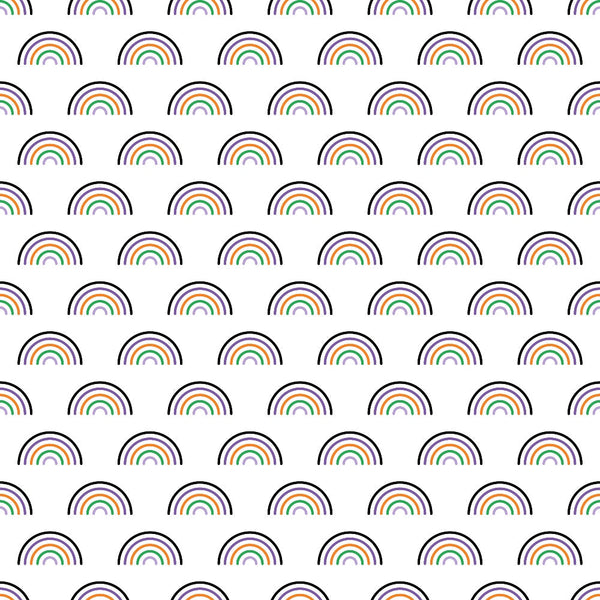 rainbow pattern, multicolored arcs, repetitive design, geometric shapes, curved lines,, fabric panel, colorful stripes, arc motifs, semi-circles, bright colors, cheerful pattern, repeating rainbows, striped arcs, vibrant hues, whimsical design, cotton fabric, quilting material, patchwork suitable, craft fabric