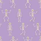 halloween fabric, skeleton pattern, purple background, lavender purple, cream colored bones, dancing skeletons, spooky characters, halloween decorations,, fabric panel, repetitive pattern, festive design, autumn themed, cartoon skeletons, halloween crafting, seasonal fabric, whimsical skeletons, bone illustrations, halloween sewing