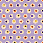 halloween, eyeball pattern, spooky eyes, purple background, orange eyes, yellow eyes, black pupils, repeating pattern, geometric circles, quirky design, creepy motif, autumn colors, halloween fabric,, craft fabric, seasonal pattern, whimsical horror, monster eyes, lavender purple, festive halloween