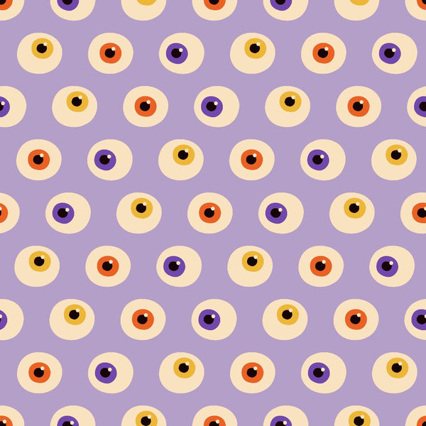 halloween, eyeball pattern, spooky eyes, purple background, orange eyes, yellow eyes, black pupils, repeating pattern, geometric circles, quirky design, creepy motif, autumn colors, halloween fabric,, craft fabric, seasonal pattern, whimsical horror, monster eyes, lavender purple, festive halloween