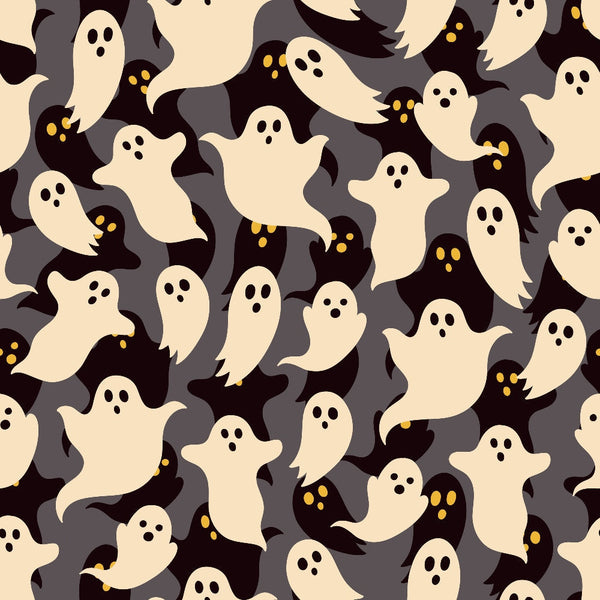 halloween ghosts, spooky spirits, cream colored ghosts, black background, yellow eyes, floating figures, supernatural characters, halloween theme, autumn seasonal,, fabric panel, seamless pattern, whimsical ghosts, cartoon style, playful spooky, repeated motifs, craft fabric, sewing material, festive design, october holiday