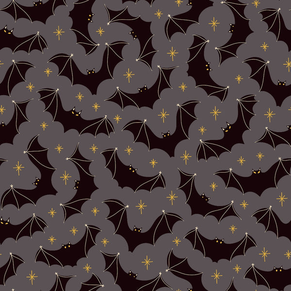 halloween fabric,, fabric panel, bats, stars, dark purple, maroon, burgundy, golden yellow, gray clouds, spooky pattern, halloween motif, bat silhouettes, starry night, gothic style, repeating pattern, seasonal fabric, october theme, nocturnal animals, mystical design