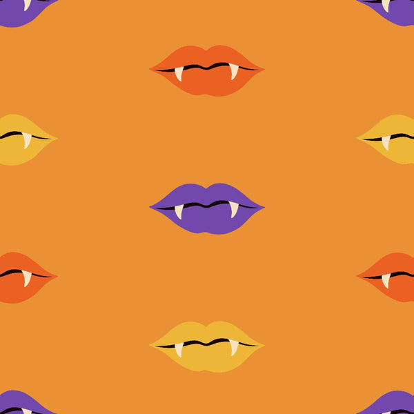 orange background, vampire lips, fangs, purple lips, yellow lips, red lips, halloween pattern, spooky theme, monster mouths, vampire fangs, bright orange, colorful lips, halloween design,, fabric panel, festive pattern, horror theme, costume party, trick or treat, seasonal fabric
