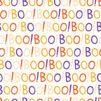 orange, purple, yellow, cream, boo text, halloween pattern, spooky words, exclamation points, colorful lettering, repeating pattern, autumn colors, halloween theme,, fabric panel, festive design, seasonal fabric, craft material, sewing supplies, halloween decor