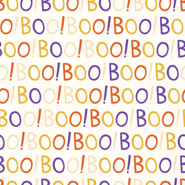 orange, purple, yellow, cream, boo text, halloween pattern, spooky words, exclamation points, colorful lettering, repeating pattern, autumn colors, halloween theme,, fabric panel, festive design, seasonal fabric, craft material, sewing supplies, halloween decor
