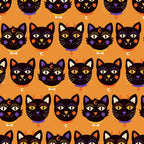 halloween fabric, black cats, orange background, purple accents, white eyes, cat faces, spooky cats, autumn colors,, fabric panel, halloween pattern, repetitive design, mystical cats, seasonal fabric, craft fabric, orange and black, purple collars, cat whiskers, halloween themed, geometric arrangement