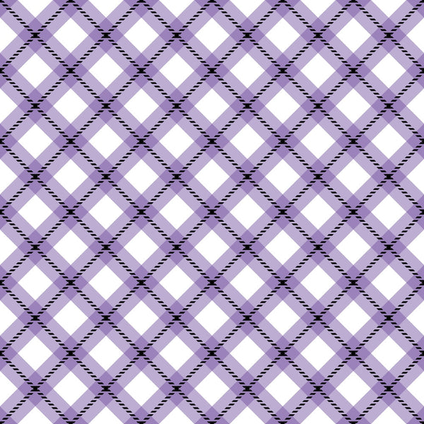 purple plaid, lavender, white diamonds, geometric pattern, checkered design, diagonal stripes,, fabric panel, halloween themed, seasonal fabric, repeating pattern, gingham style, woven texture, craft fabric, sewing material, purple tones, diamond shapes, crosshatch pattern