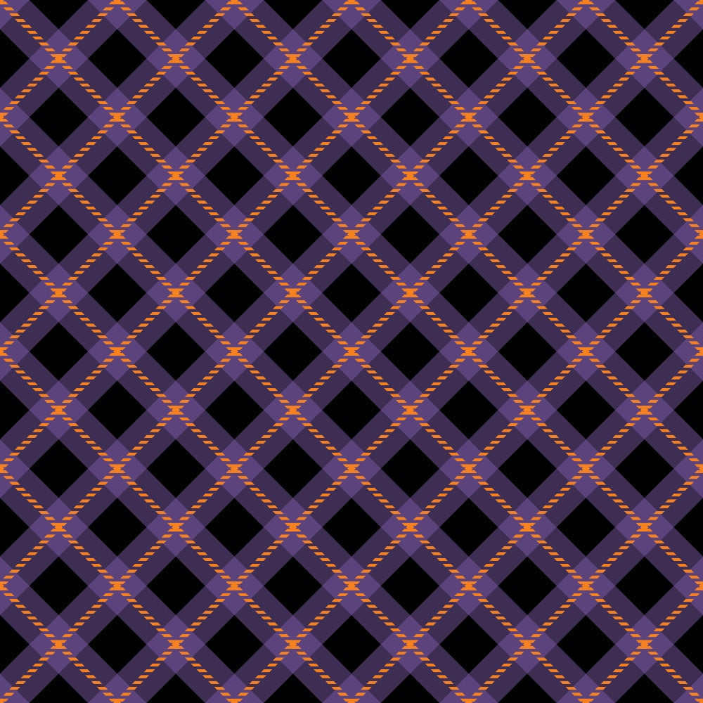 halloween plaid, purple plaid, orange accents, black diamonds, diagonal pattern, geometric design, checkered fabric,, fabric panel, halloween colors, rope texture, diamond grid, autumn colors, seasonal fabric, craft fabric, patchwork material, halloween theme, purple and orange, woven appearance