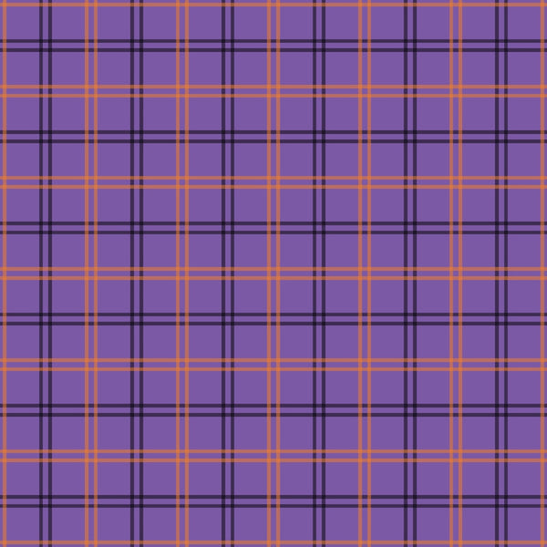purple, orange, black, plaid pattern, tartan, checkered, grid lines, intersecting stripes, halloween colors, autumn, fall season,, fabric panel, geometric design, repeating pattern, craft fabric, sewing material, seasonal fabric, halloween themed