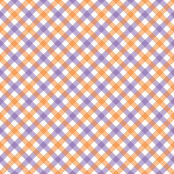 orange, purple, white, plaid pattern, diagonal stripes, gingham check,, fabric panel, halloween colors, autumn theme, geometric design, checkered pattern, seasonal fabric, craft material, sewing supplies, halloween plaid, festive colors, woven appearance