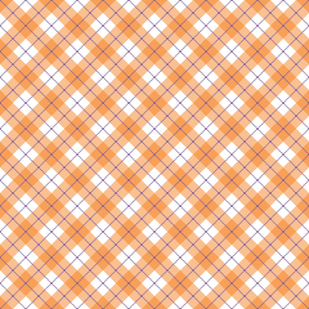 orange, white, purple, plaid pattern, diagonal stripes, checkered design, argyle style,, fabric panel, halloween themed, autumn colors, geometric pattern, crosshatch lines, seasonal fabric, crafting material, patchwork design, diamond shapes, woven appearance, festive colors, holiday fabric