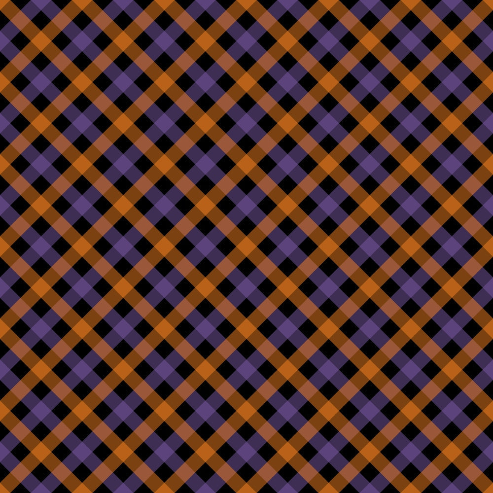 halloween plaid, diagonal plaid, orange stripes, purple stripes, black background, geometric pattern, checkered design, autumn colors, halloween theme, seasonal fabric,, fabric panel, craft fabric, diamond pattern, intersecting lines, holiday fabric, spooky colors, october colors, plaid weave, textile pattern