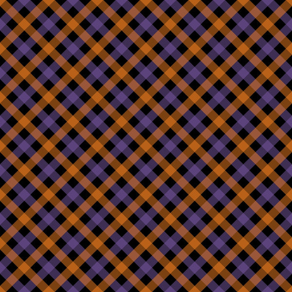 halloween plaid, diagonal plaid, orange stripes, purple stripes, black background, geometric pattern, checkered design, autumn colors, halloween theme, seasonal fabric,, fabric panel, craft fabric, diamond pattern, intersecting lines, holiday fabric, spooky colors, october colors, plaid weave, textile pattern