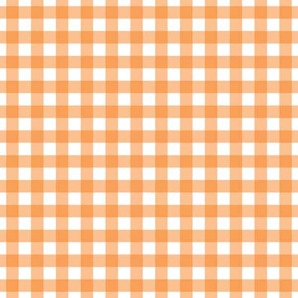 orange, white, gingham, plaid, checkered pattern,, fabric panel, halloween, autumn, fall colors, geometric design, square grid, woven appearance, seasonal fabric, craft material, sewing fabric, cotton blend, rustic charm, country style