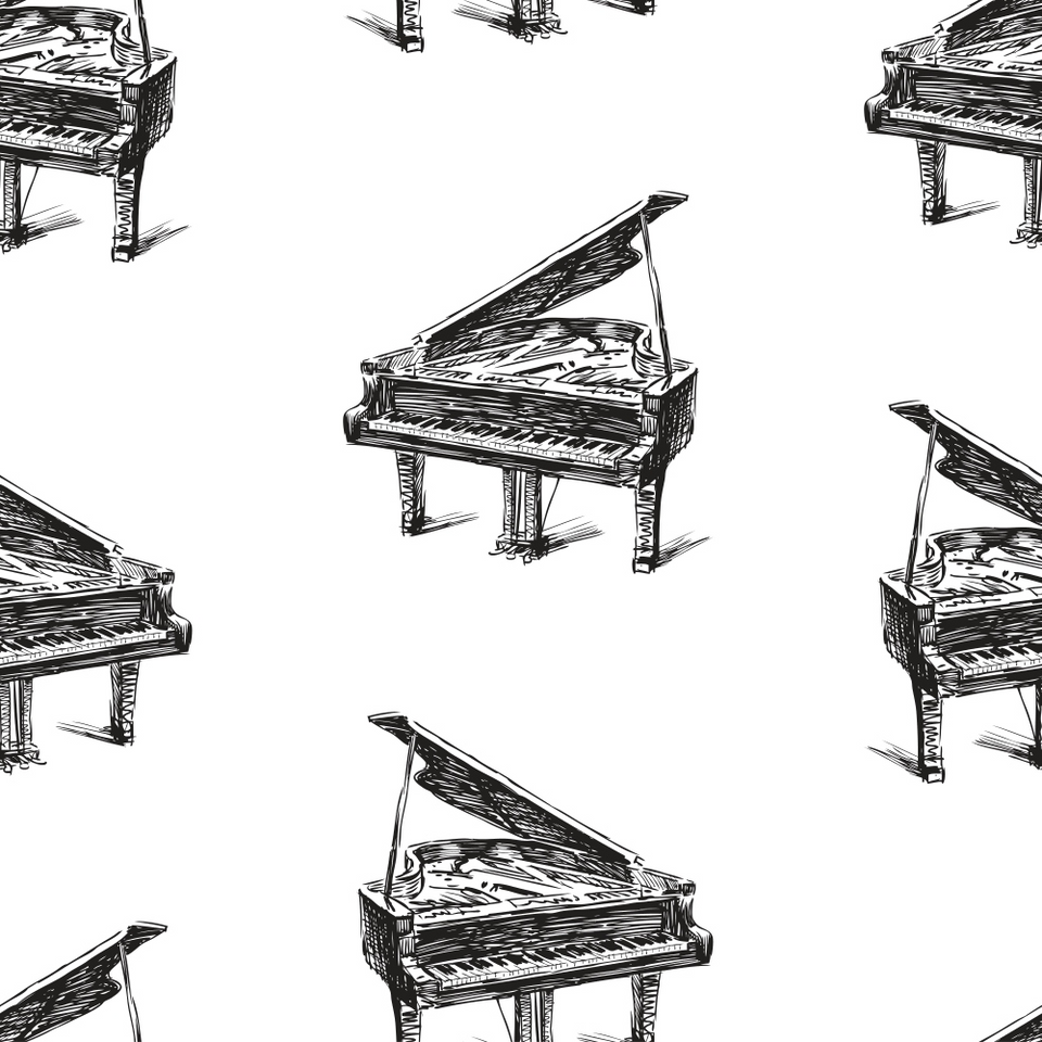 black and white, hand sketched, grand pianos, musical instruments, repeating pattern, sketchy lines, artistic drawing, monochrome design,, fabric panel, music theme, piano keys, elegant pianos, scattered layout, crosshatch shading, vintage illustration style, musical motif