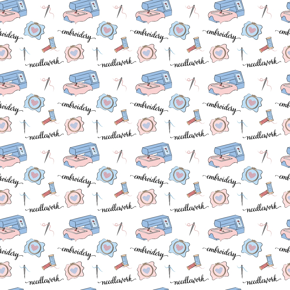 embroidery machines, sewing supplies, needlework, thread spools,, craft theme, pink machines, blue accents, sewing tools, embroidery hoops, crafting motifs, repetitive pattern, fabric panel, cotton fabric, soft pastels, sewing theme, craft supplies, needles, handwork, embroidery design