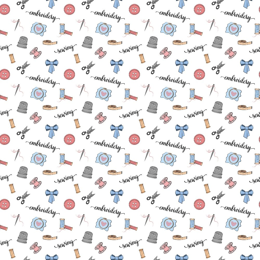 sewing pattern, embroidery motifs,, fabric panel, craft supplies, thimbles, scissors, spools of thread, buttons, blue ribbons, pink accents, white background, sewing notions, handcraft tools, needlework design, crafting theme, repetitive pattern, cotton fabric, quilter's cotton, sewing accessories