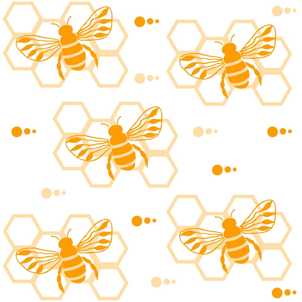 orange, golden yellow, cream, pale peach, honeybees, hexagon honeycomb, geometric pattern, hand drawn style, nature inspired,, fabric panel, repeating motif, insect design, buzzing bees, organic shapes, warm tones, botanical theme, spring summer, craft fabric, whimsical illustration