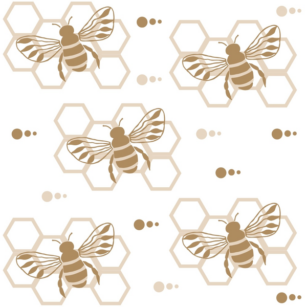 handdrawn bees, honeycomb pattern, beige tones, tan colors, cream background, geometric hexagons, insect motif, nature themed,, fabric panel, repeating pattern, botanical design, honey bee illustration, soft neutrals, craft fabric, sewing material, apiary theme, buzzing insects, hexagonal shapes, organic pattern