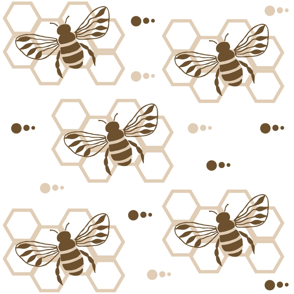 handdrawn bees, honeycomb pattern, brown tones, beige accents, cream background, insect motif, hexagonal shapes, nature inspired, geometric elements,, fabric panel, apiary theme, honey bee design, striped wings, detailed illustration, repetitive pattern, neutral palette, crafting material, sewing fabric, bee colony