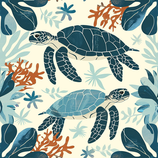 sea turtles, marine life, ocean theme, coral reef, seaweed, aquatic plants, navy blue, teal, coral orange, cream background, hand drawn, illustrated style, underwater scene, swimming turtles, tropical, coastal,, fabric panel, nature pattern, sea creatures