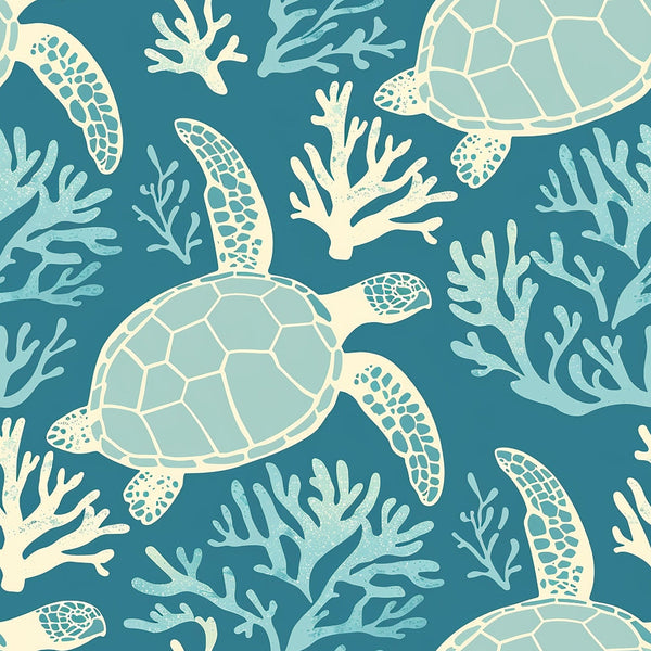 sea turtles, coral reef, ocean theme, teal blue, seafoam green, cream white, hand drawn style, marine life, underwater scene, coral branches, seamless pattern,, fabric panel, aquatic animals, tropical waters, nature inspired, coastal design, repetitive motif, organic shapes, ocean creatures
