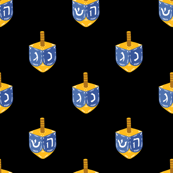 dreidel pattern, blue and gold, spinning tops, hebrew letters, hanukkah motifs, geometric design, religious symbols, jewish holiday, festival lights,, fabric panel, repetitive pattern, black background, holiday celebration, cultural symbols, winter festivities, decorative elements, craft fabric, seasonal theme