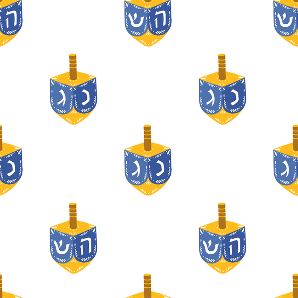 dreidel, spinning top, hebrew letters, blue, yellow, gold, white background, hanukkah, jewish holiday, festival of lights, repeating pattern, geometric design, religious symbols, holiday motif,, fabric panel, celebration theme, winter holiday, cultural pattern, festive design