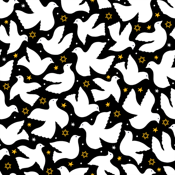 black background, white doves, yellow stars, star of david, gold accents, peace birds, flying doves, hanukkah theme, jewish holiday, festival of lights, religious symbols,, fabric panel, seamless pattern, dove silhouettes, celestial design, holiday fabric, spiritual motif, monochrome birds, golden starbursts