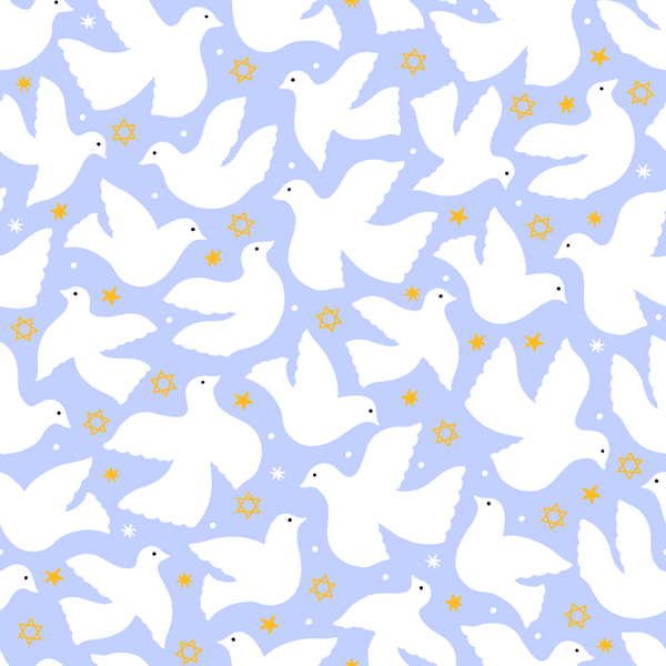 periwinkle blue, white doves, peace birds, golden stars, star of david, hanukkah pattern, festival of lights,, fabric panel, flying doves, celestial design, jewish holiday, religious symbols, soft pastels, whimsical illustration, repeating pattern, cotton fabric, craft material, spiritual theme