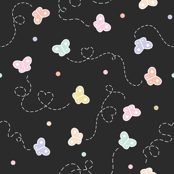 butterflies, pastel colors, pink, purple, green, yellow, peach, dotted patterns, polka dots, whimsical design, dashed lines, flight paths, cute illustration, spring theme, cotton fabric, quilting panel, charcoal background, soft pastels, butterfly wings, scattered design
