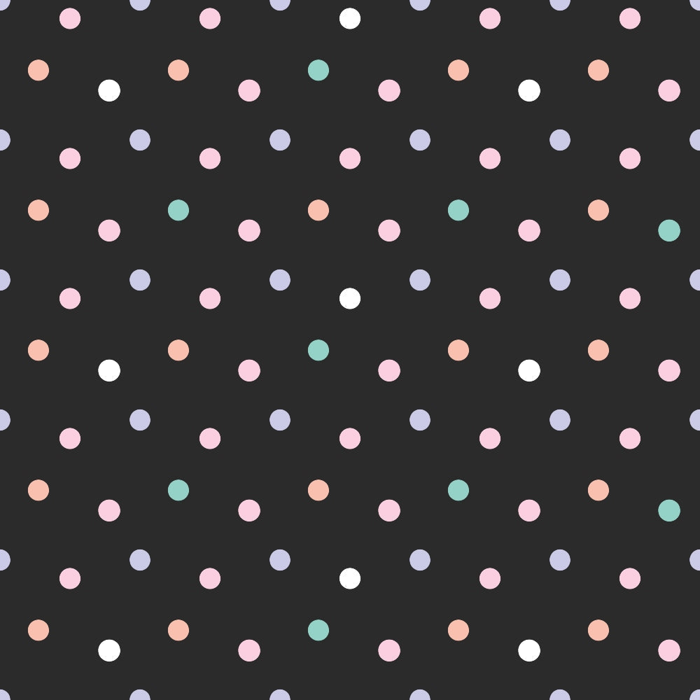 polka dots, pastel colors, pink dots, mint green, peach coral, lavender purple, white dots, black background, scattered circles, geometric pattern, spring colors,, fabric panel, soft pastels, dotted design, repeating pattern, crafting fabric, sewing material, cotton fabric