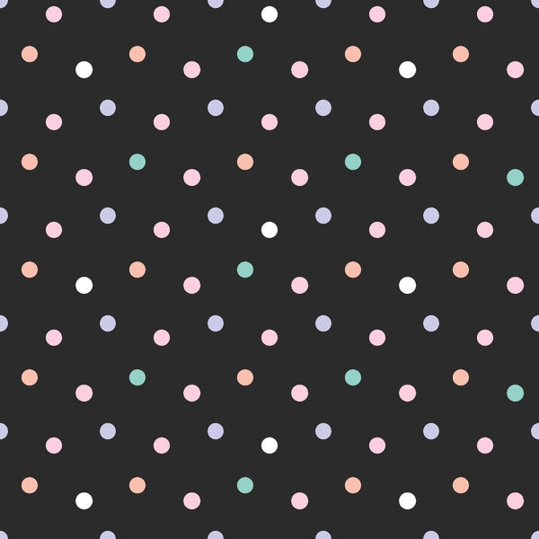 polka dots, pastel colors, pink dots, mint green, peach coral, lavender purple, white dots, black background, scattered circles, geometric pattern, spring colors,, fabric panel, soft pastels, dotted design, repeating pattern, crafting fabric, sewing material, cotton fabric
