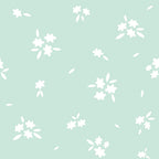 sage green, mint green, white flowers, cherry blossoms, sakura pattern, floral design, spring theme, scattered blooms, petals, leaves, soft pastels, delicate pattern,, fabric panel, botanical motifs, nature inspired, gentle aesthetic, seamless repeat, crafting fabric, sewing material