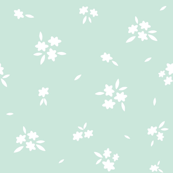 sage green, mint green, white flowers, cherry blossoms, sakura pattern, floral design, spring theme, scattered blooms, petals, leaves, soft pastels, delicate pattern,, fabric panel, botanical motifs, nature inspired, gentle aesthetic, seamless repeat, crafting fabric, sewing material