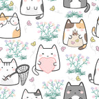 spring cats,, fabric panel, kawaii style, pastel colors, cute kittens, floral elements, butterflies, soft pink, sage green, cream white, orange tabby, gray cats, heart motifs, butterfly net, wildflowers, grass patches, whimsical design, cheerful mood, repeating pattern