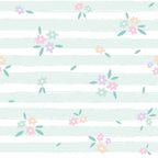 mint green, white stripes, pastel flowers, pink blossoms, purple flowers, peach blooms, sage green leaves, floral scatter, spring pattern, soft pastels,, fabric panel, delicate florals, watercolor style, gentle mood, botanical design, striped background, coordinating print, cotton fabric, spring theme