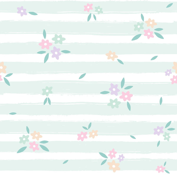 mint green, white stripes, pastel flowers, pink blossoms, purple flowers, peach blooms, sage green leaves, floral scatter, spring pattern, soft pastels,, fabric panel, delicate florals, watercolor style, gentle mood, botanical design, striped background, coordinating print, cotton fabric, spring theme