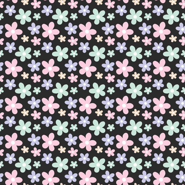 floral pattern, pastel colors, pink flowers, mint green, lavender purple, peach blooms, black background, six-petal flowers, ditsy print, spring blooms,, fabric panel, cute florals, soft pastels, repeating pattern, small scale flowers, cotton fabric, crafting material, sewing supplies