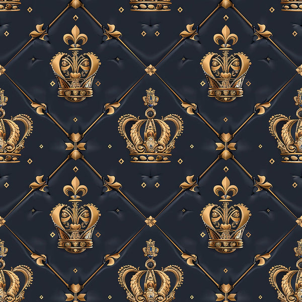 Sovereign Gold Pattern 6 gold fleece fabric with ornate gold crowns, fleur-de-lis, scrollwork and small diamonds in a navy diamond lattice