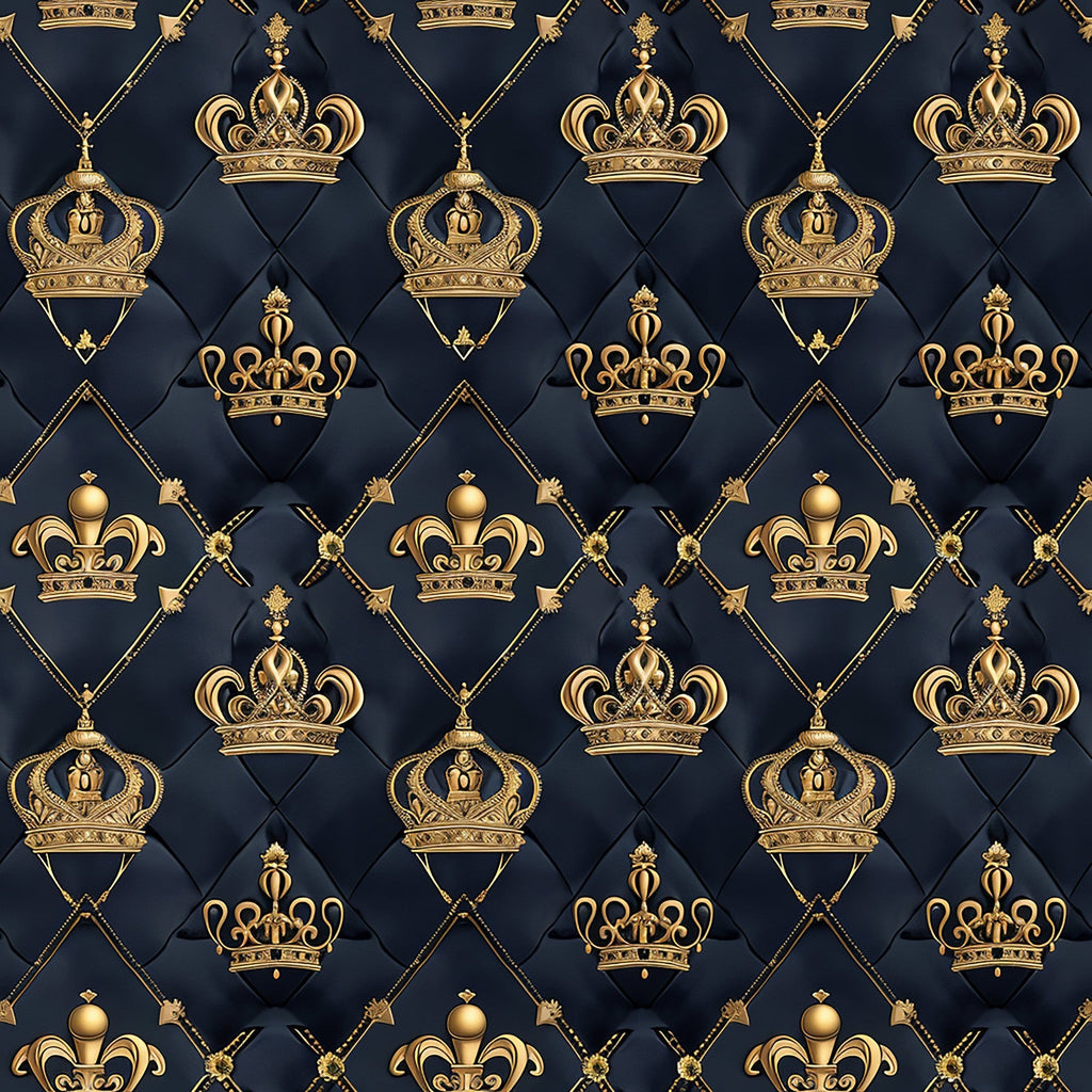 Sovereign Gold Pattern 7 gold fleece fabric with ornate crowns, thin gold diamond lattice and decorative motifs on a dark navy quilted-look ground