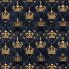 Sovereign Gold Pattern 7 gold fleece fabric with ornate crowns, thin gold diamond lattice and decorative motifs on a dark navy quilted-look ground