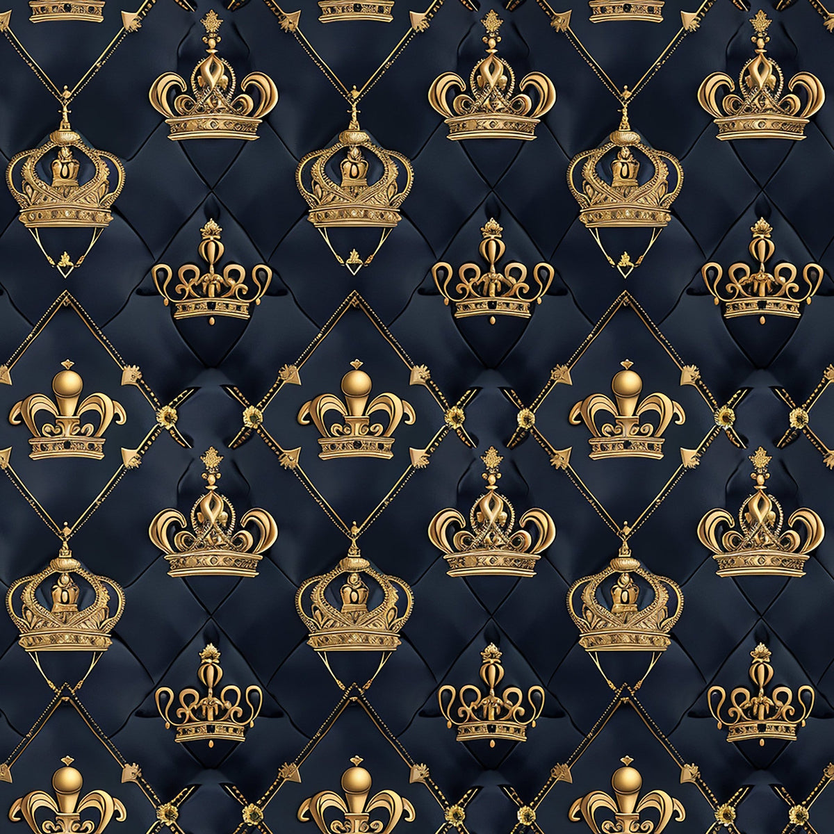Sovereign Gold Pattern 7 gold fleece fabric with ornate crowns, thin gold diamond lattice and decorative motifs on a dark navy quilted-look ground