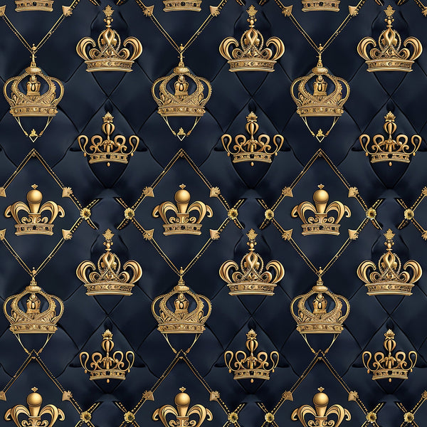 Sovereign Gold Pattern 7 gold fleece fabric with ornate crowns, thin gold diamond lattice and decorative motifs on a dark navy quilted-look ground