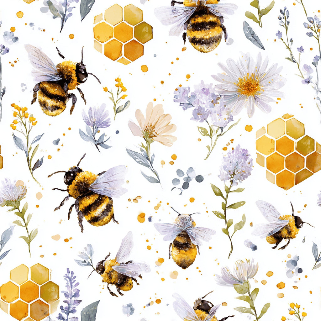 Buzzing Blossoms Pattern 1 fleece fabric with black-and-gold bees, white daisies, leafy sprigs and golden honeycomb on a light background